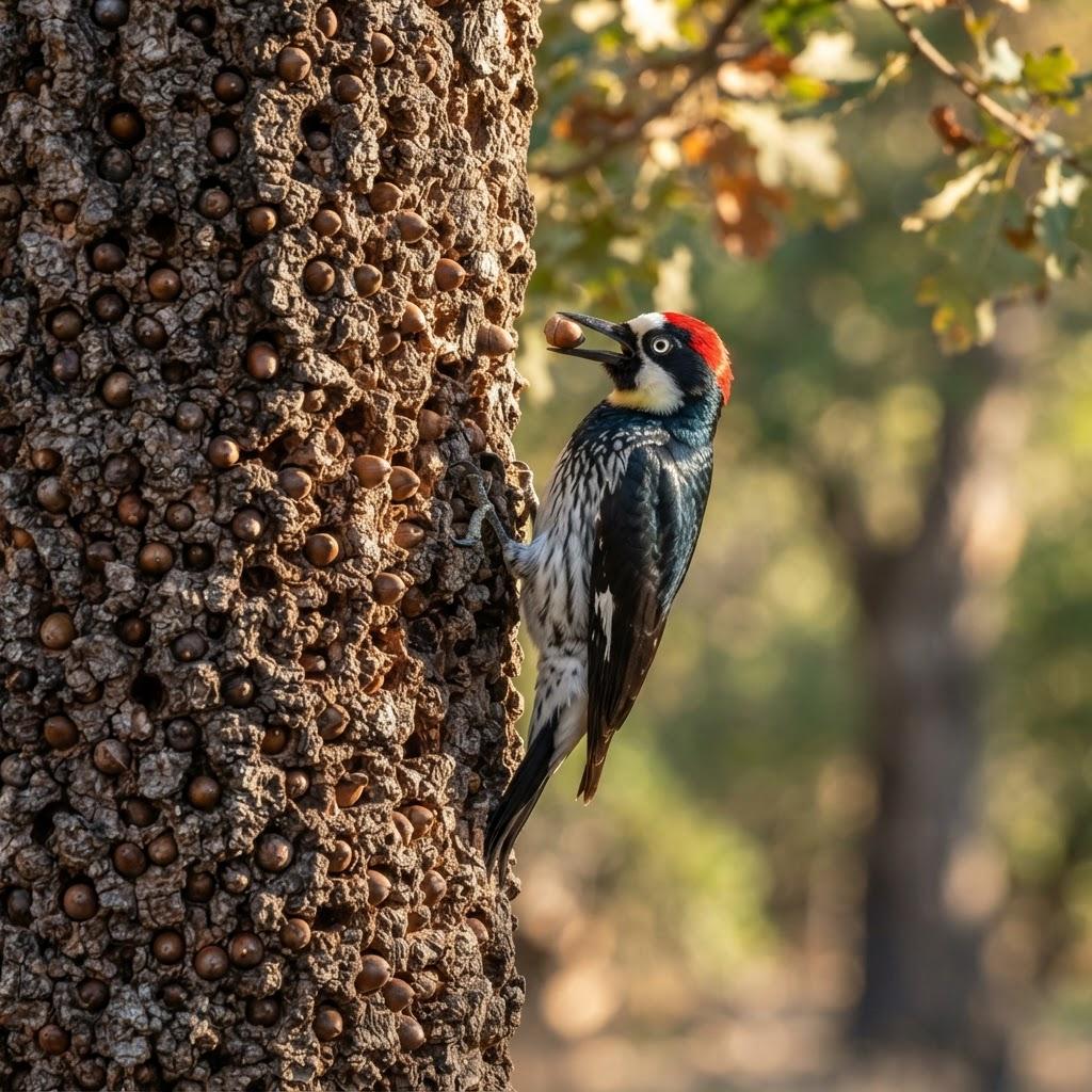 An Acorn Woodpecker on an oak granary tree studded with acorns