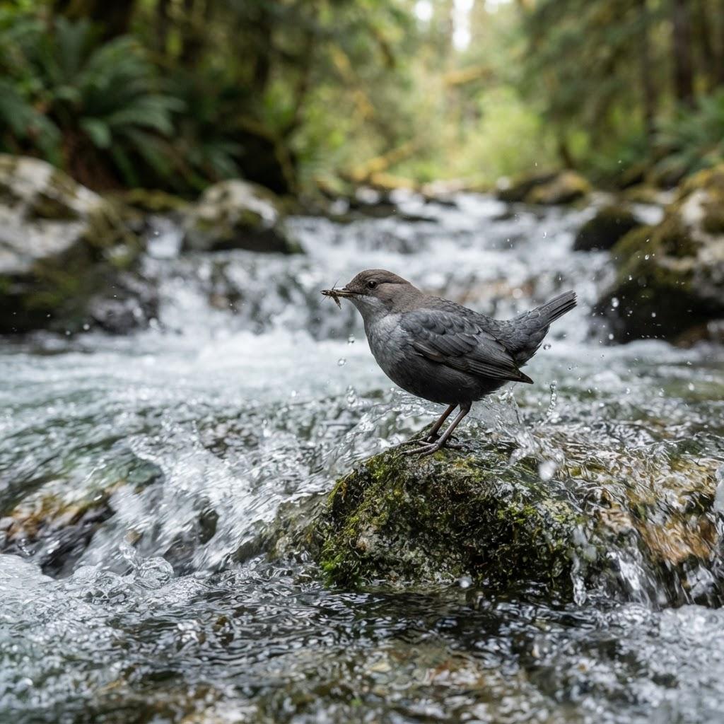 An American Dipper on a mossy rock in a rushing mountain stream