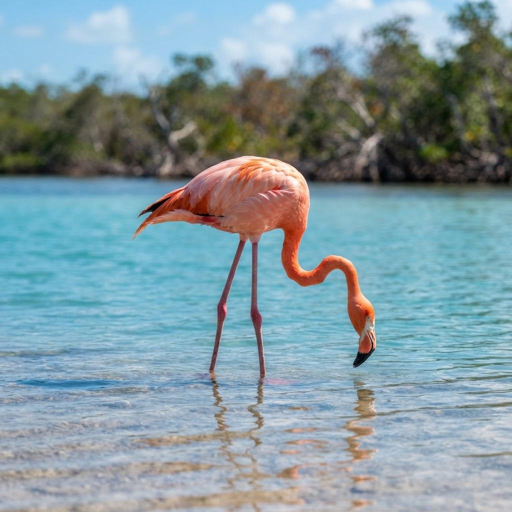 An American Flamingo standing gracefully in a shallow turquoise lagoon in the Florida Keys