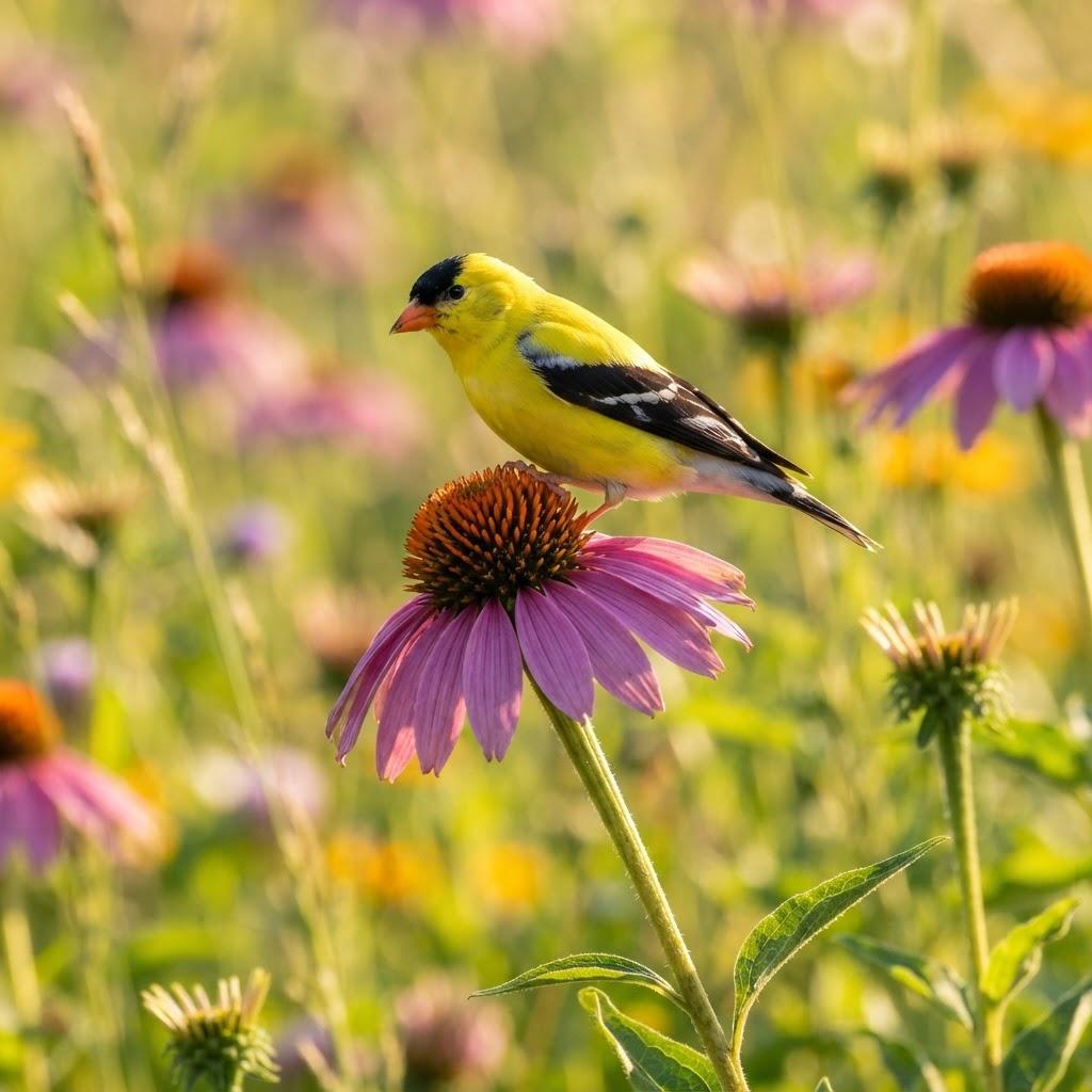 A male American Goldfinch perched on a purple coneflower