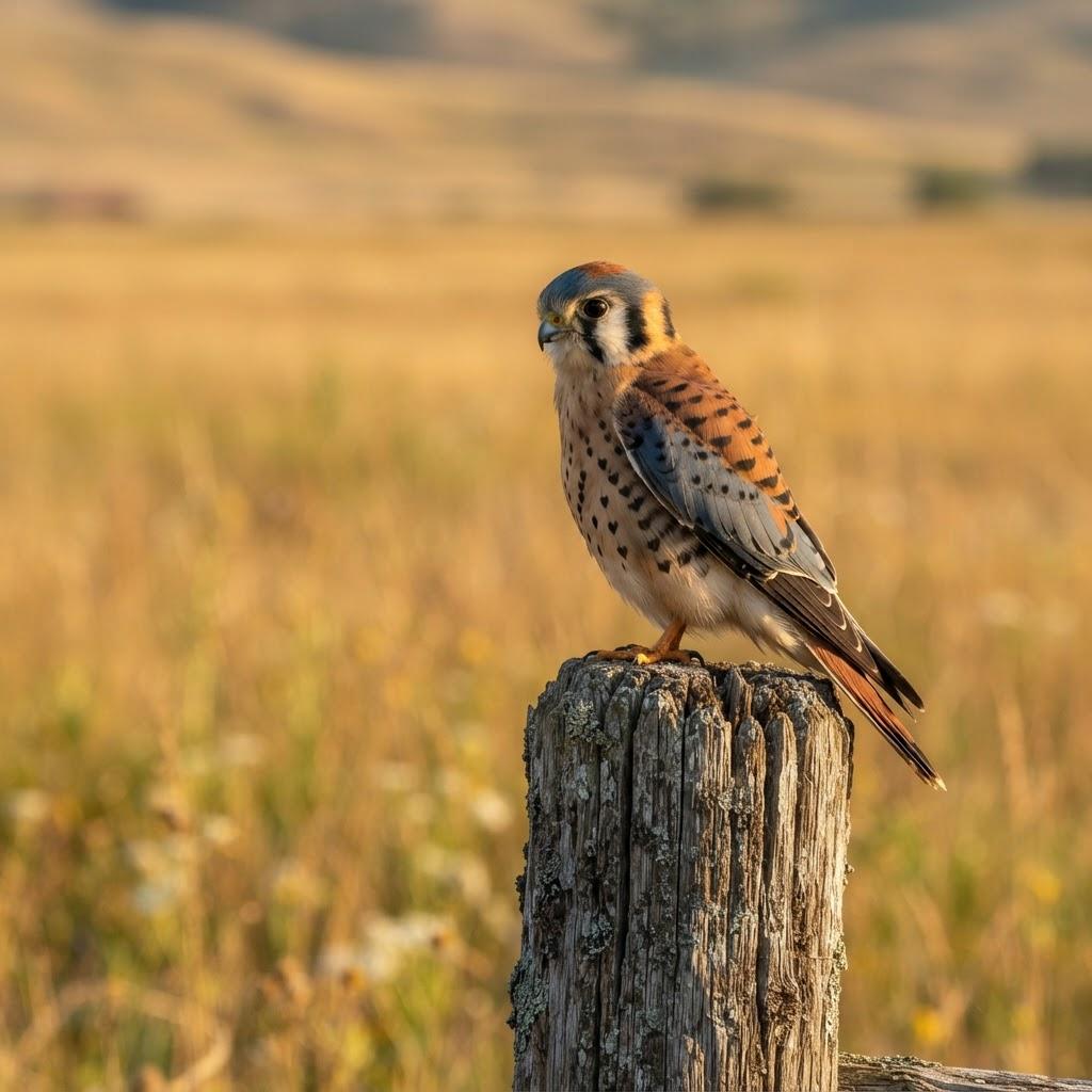 An American Kestrel perched on a weathered fencepost in a golden meadow