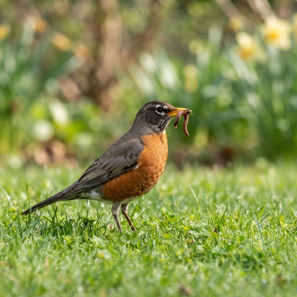 An American Robin standing on a spring lawn with a worm