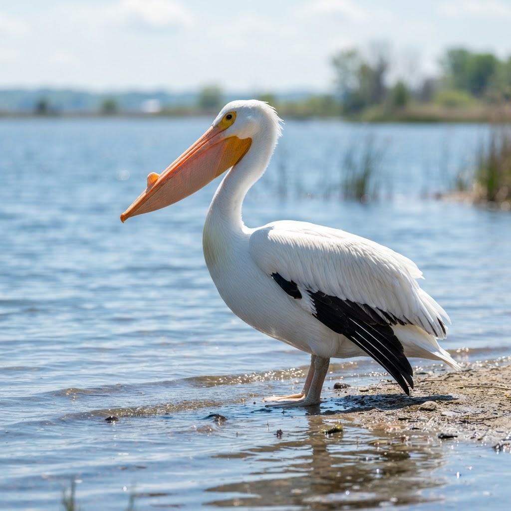 An American White Pelican on a shallow lake shore