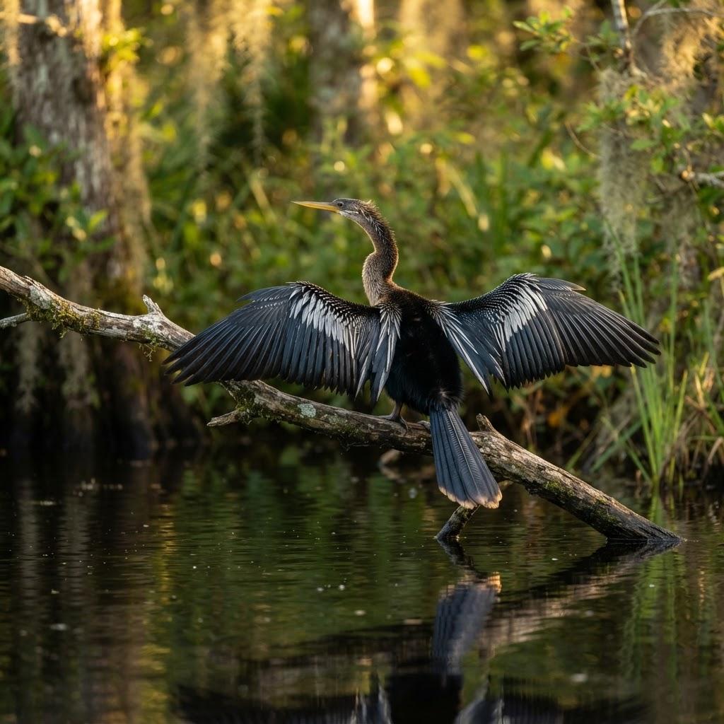 An Anhinga perched on a branch with wings spread in a sun-drying pose