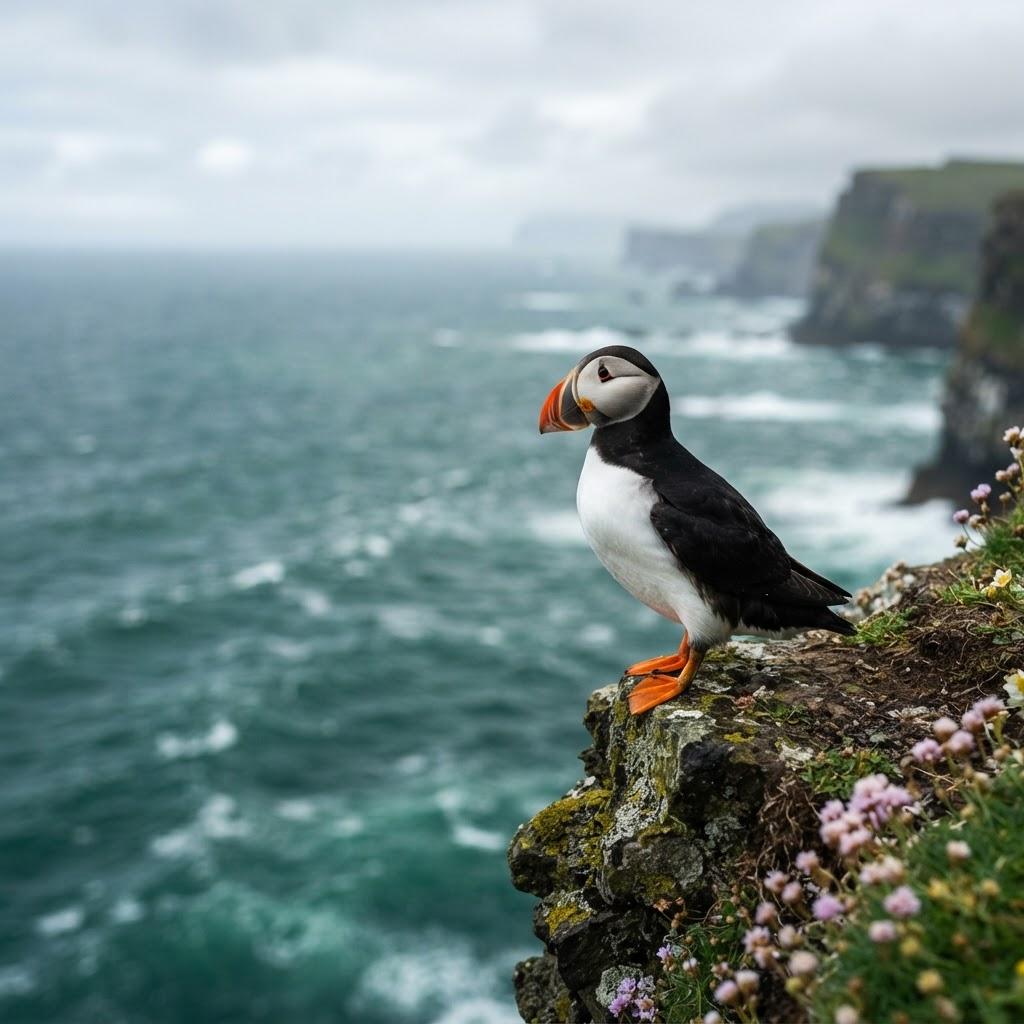 An Atlantic Puffin standing on a rocky cliff edge