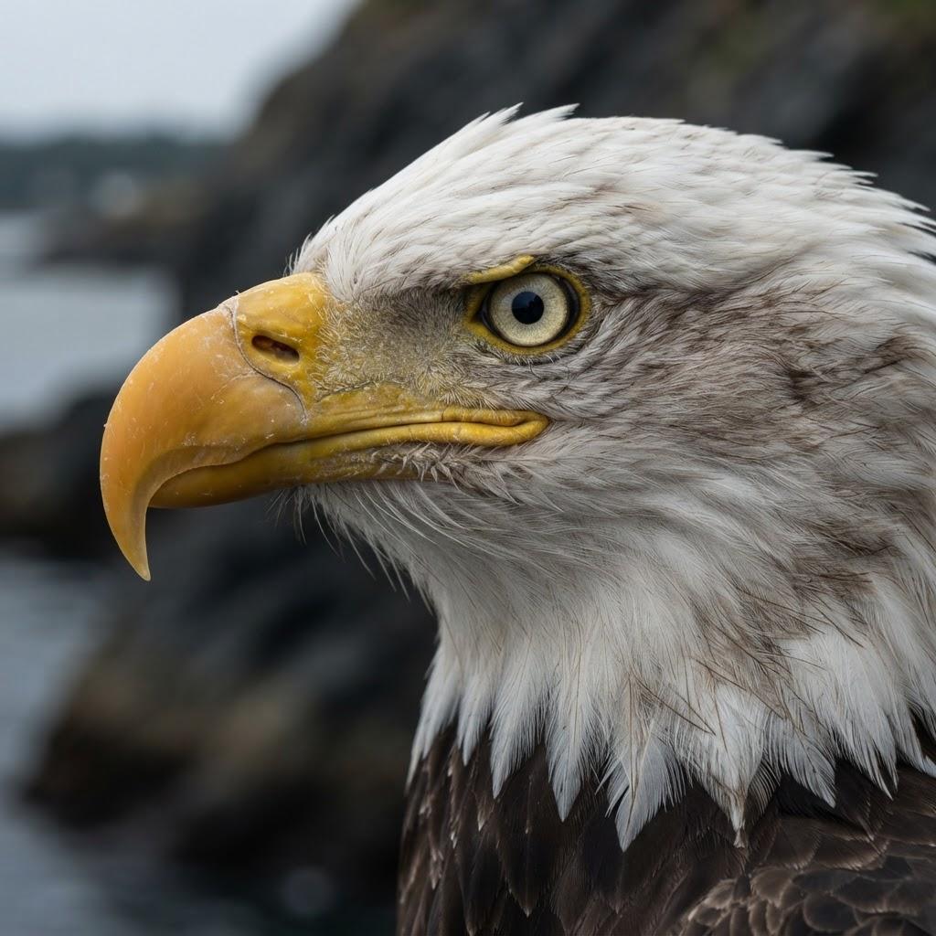 Bald Eagle head in profile showing powerful beak and intense eye