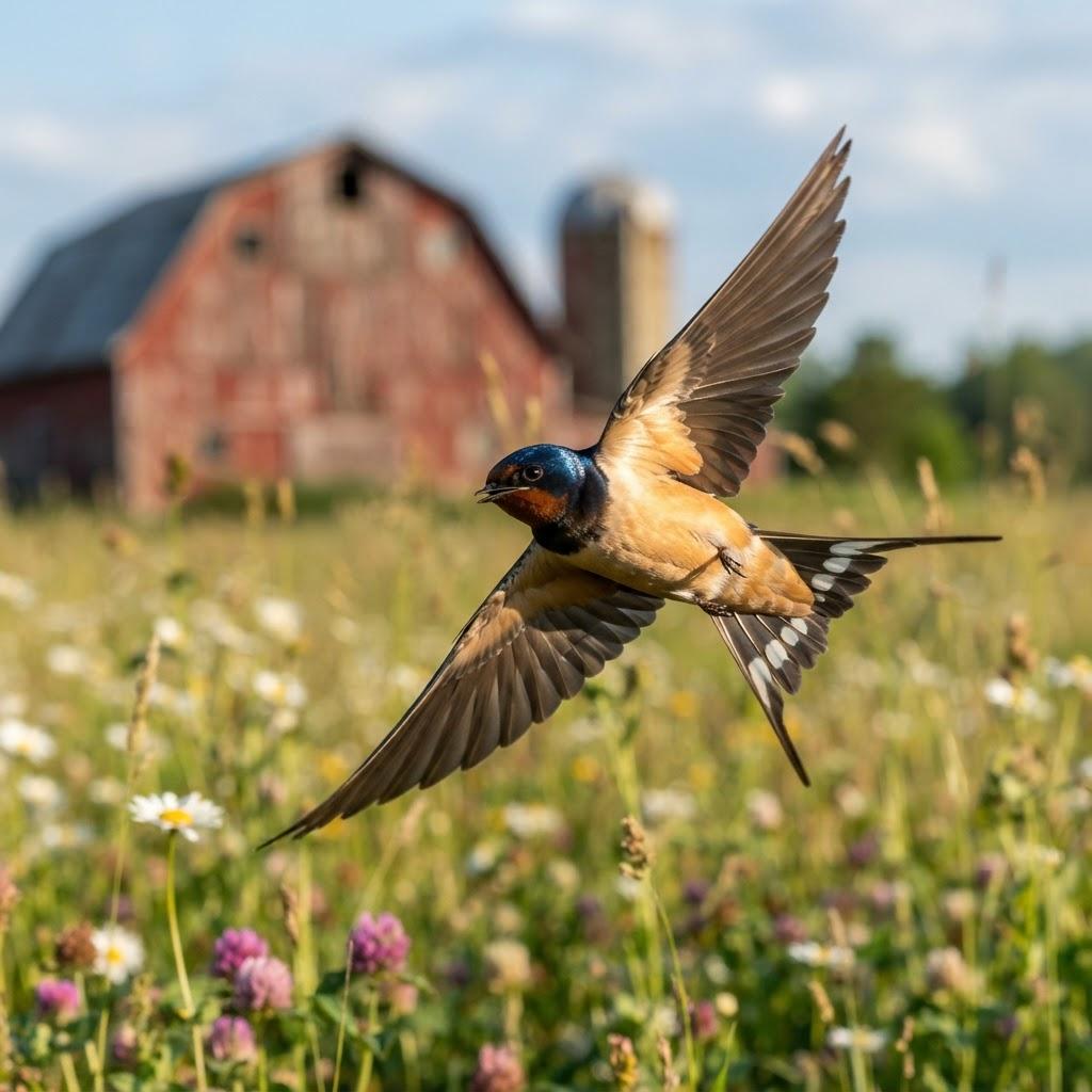 A Barn Swallow in flight over a sunlit wildflower meadow