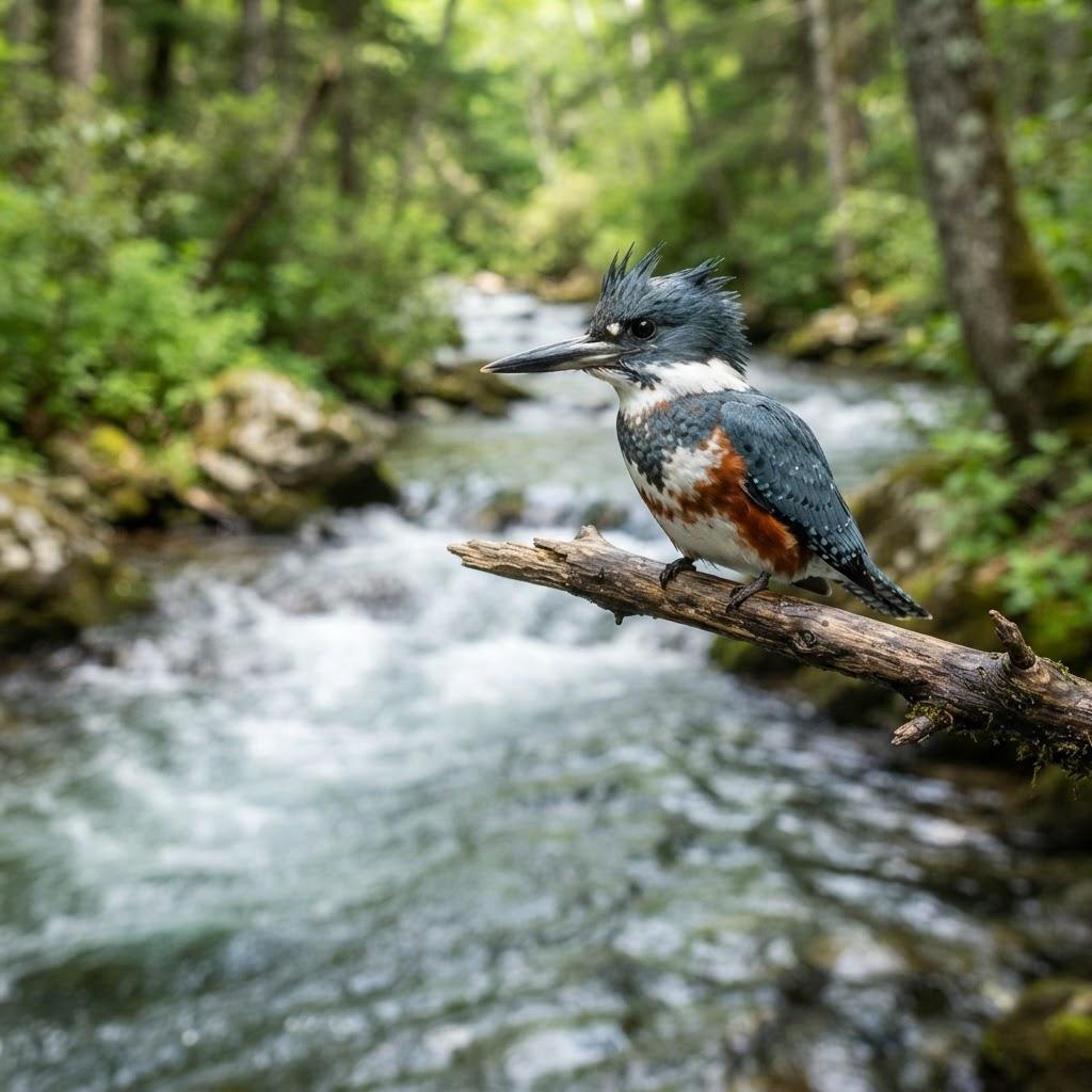 A female Belted Kingfisher with a crest perched over a stream
