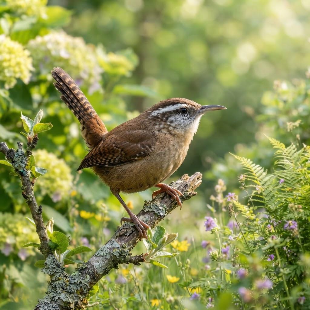 A Bewick's Wren with a long barred tail perched on a twig