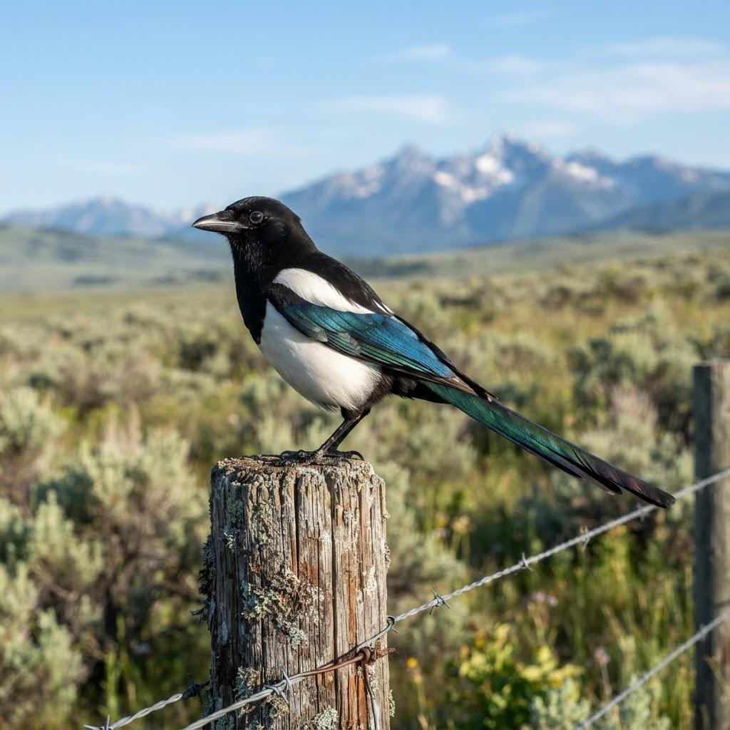 A Black-billed Magpie perched on a fencepost in a western prairie