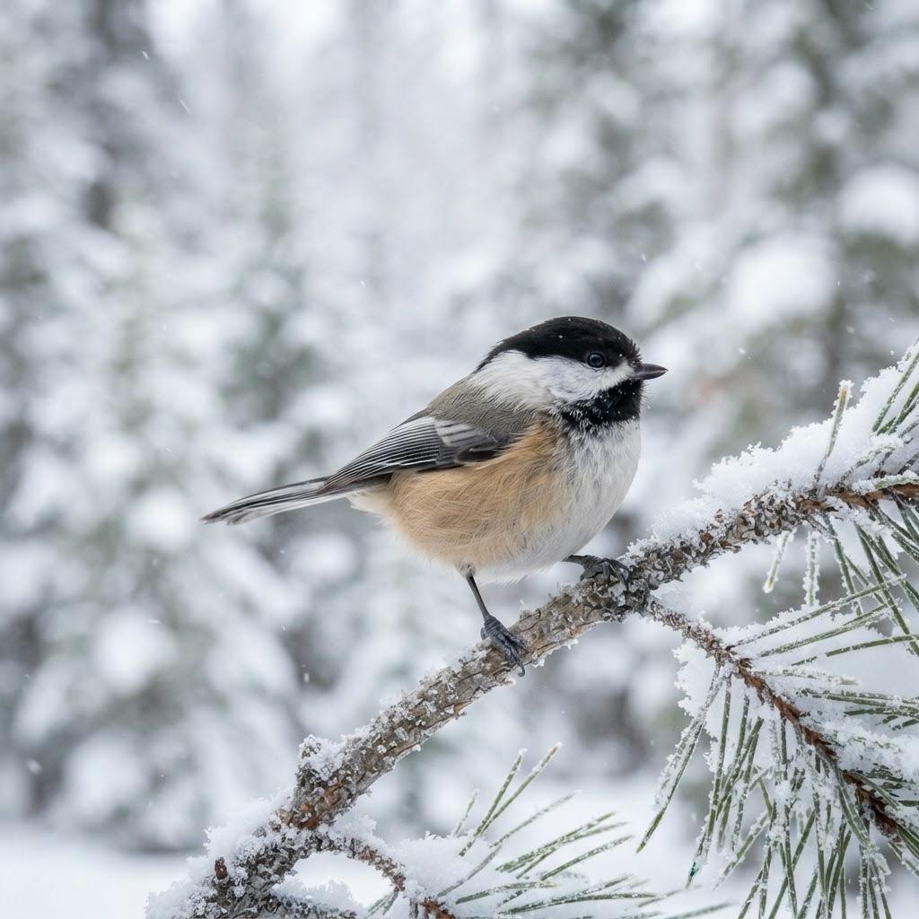 A Black-capped Chickadee perched on a snow-covered pine branch