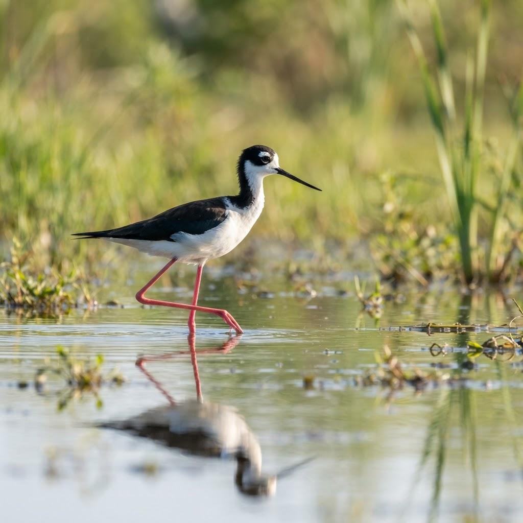 A Black-necked Stilt wading in a shallow marsh