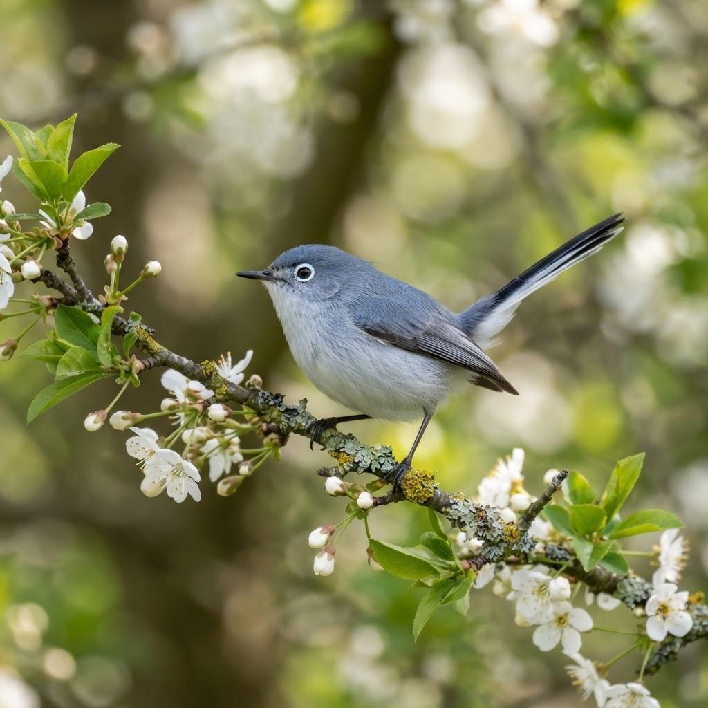 A Blue-gray Gnatcatcher perched on a blossoming spring twig