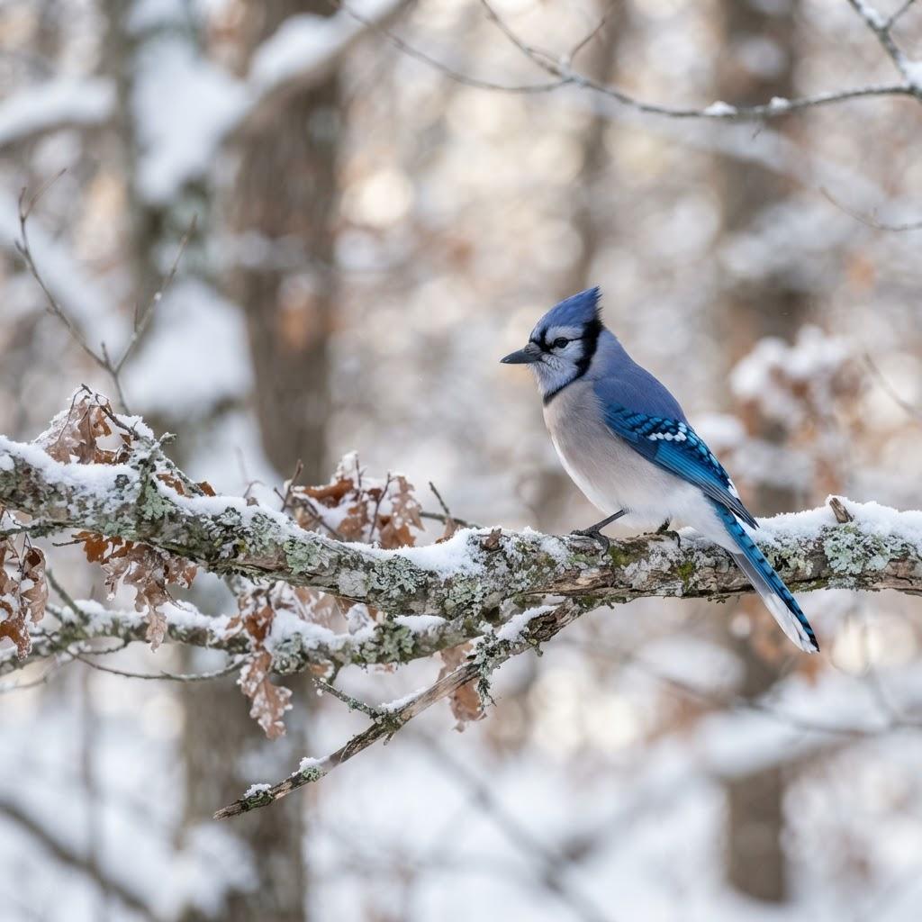 A Blue Jay perched on a snow-dusted oak branch