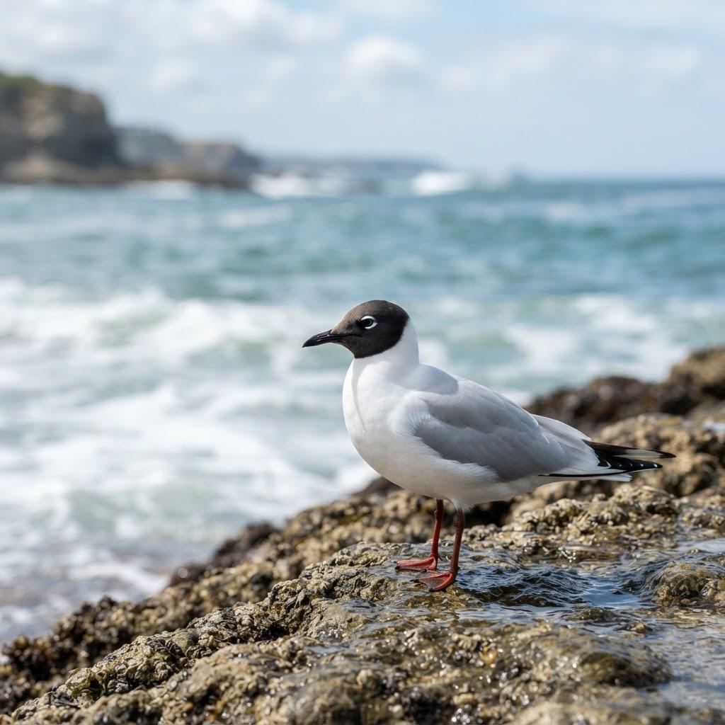 A Bonaparte's Gull with a black hood on a rocky shoreline