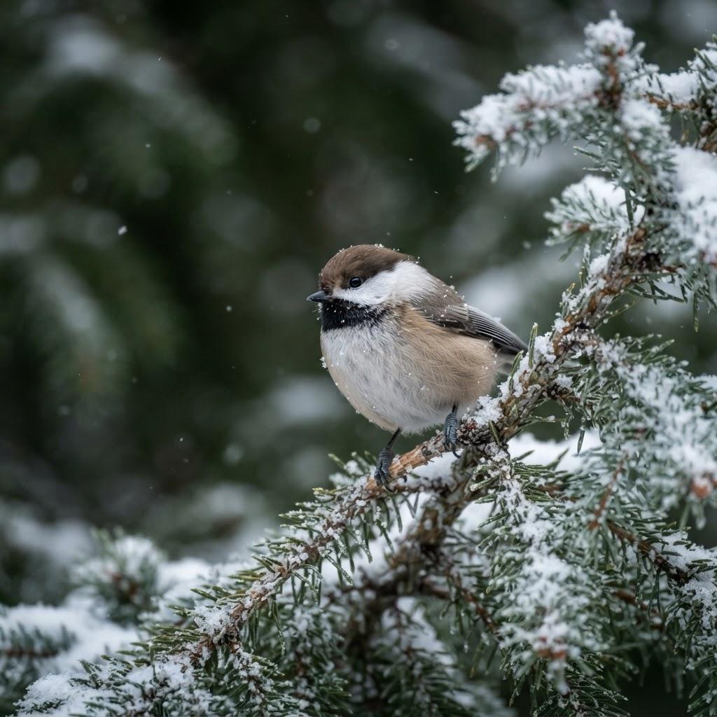 A Boreal Chickadee on a snow-dusted spruce branch