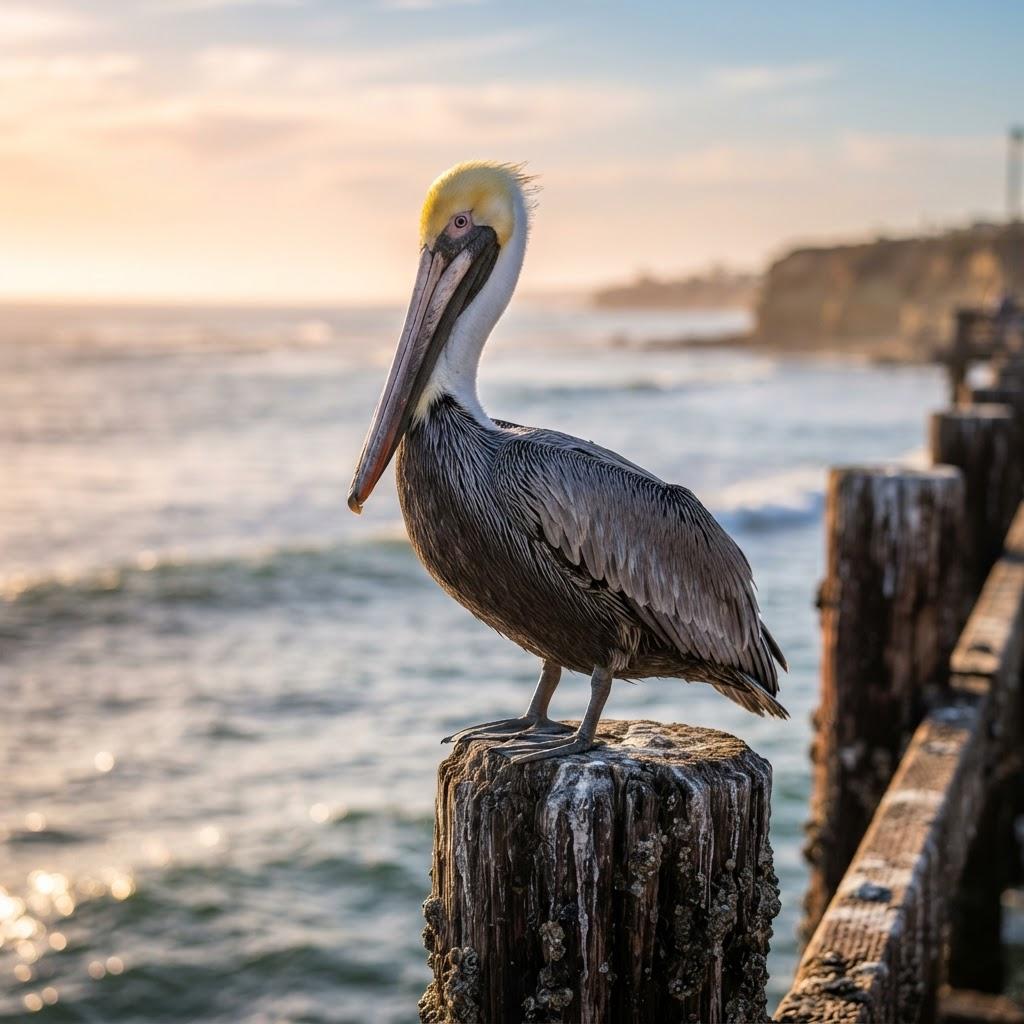 A Brown Pelican perched on a weathered pier post at the coast