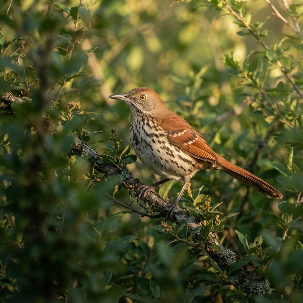 A Brown Thrasher perched on a branch in a green thicket
