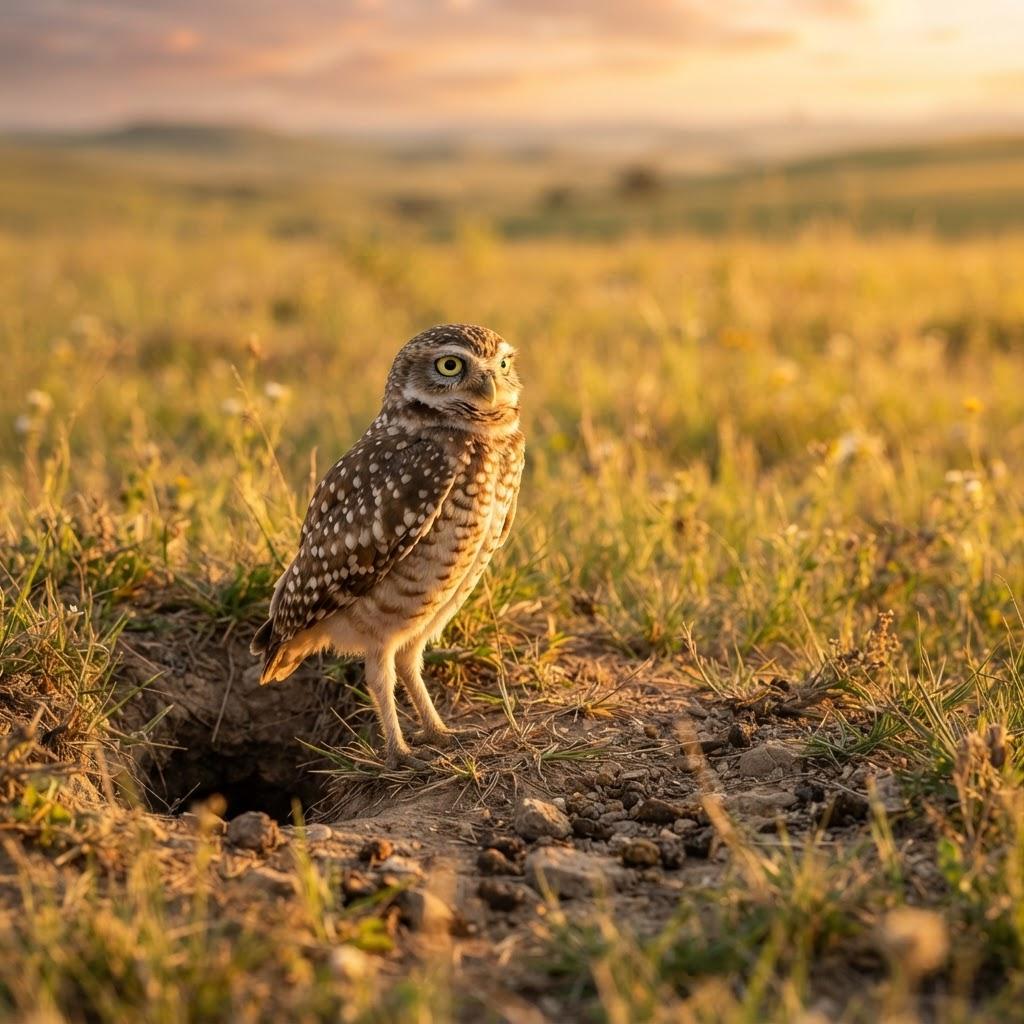 A Burrowing Owl standing at the entrance of its burrow in a grassland at sunset