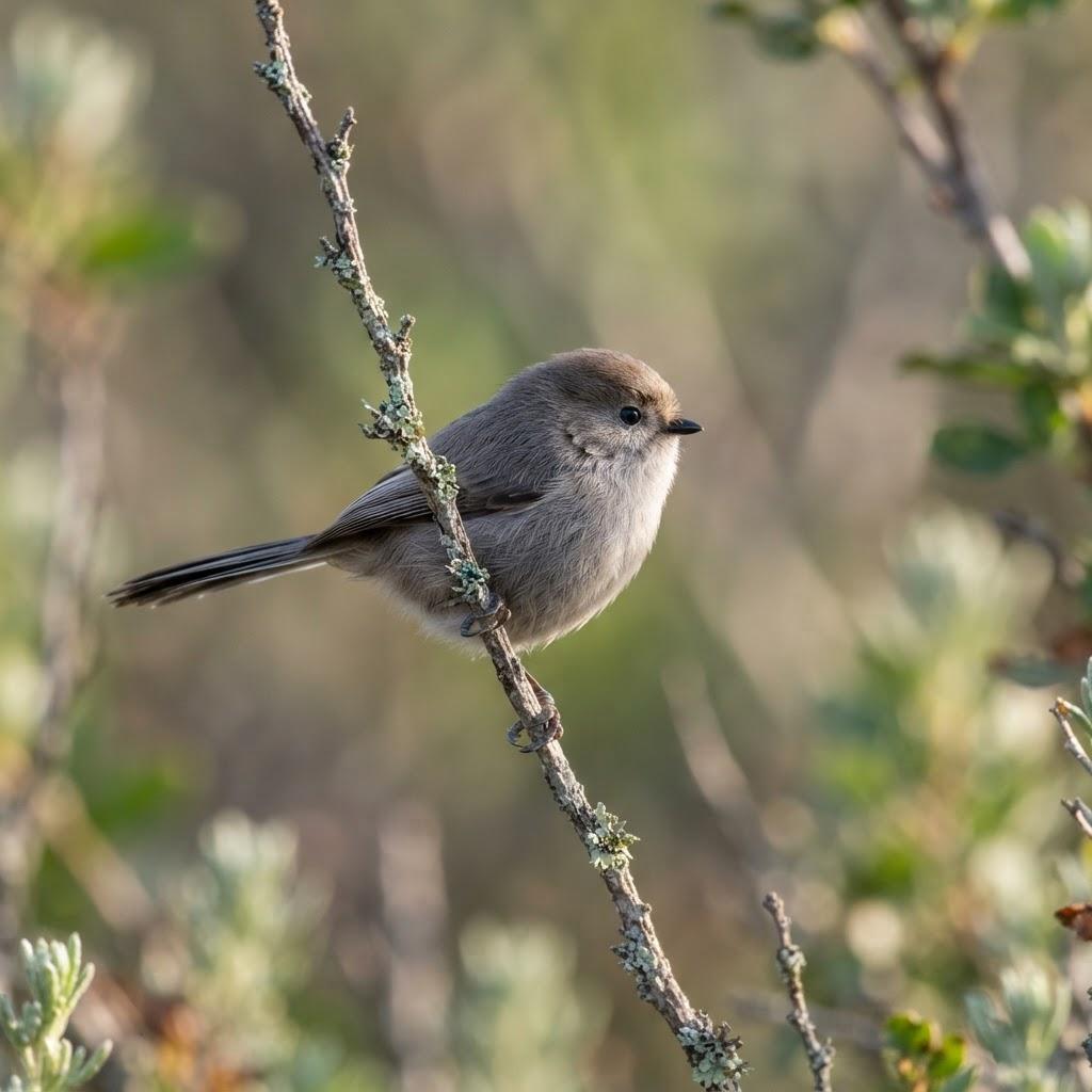 A Bushtit perched on a thin branch in chaparral