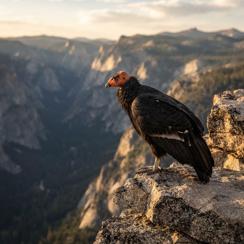 A California Condor perched on a rocky cliff ledge in a California mountain range