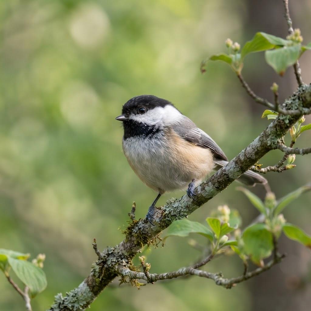 A Carolina Chickadee perched on a dogwood branch