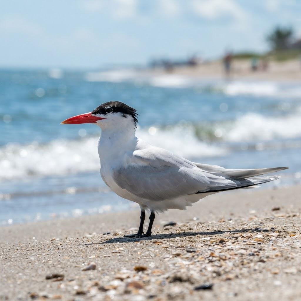 A Caspian Tern with a coral-red bill on a sandy beach