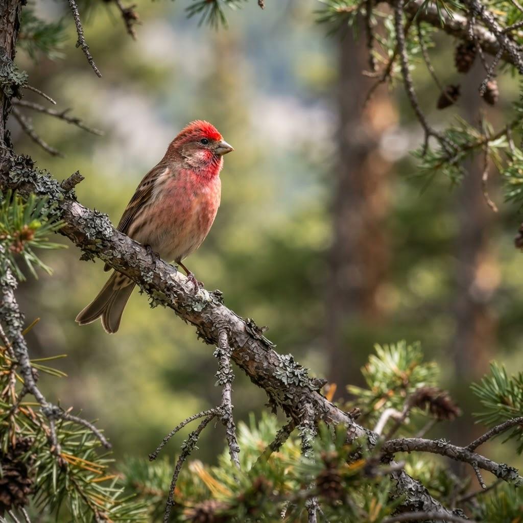 A male Cassin's Finch with a red crown on a conifer branch