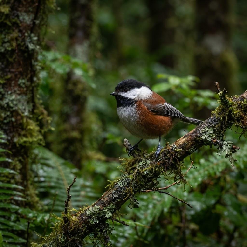 A Chestnut-backed Chickadee on a mossy branch in a rainforest