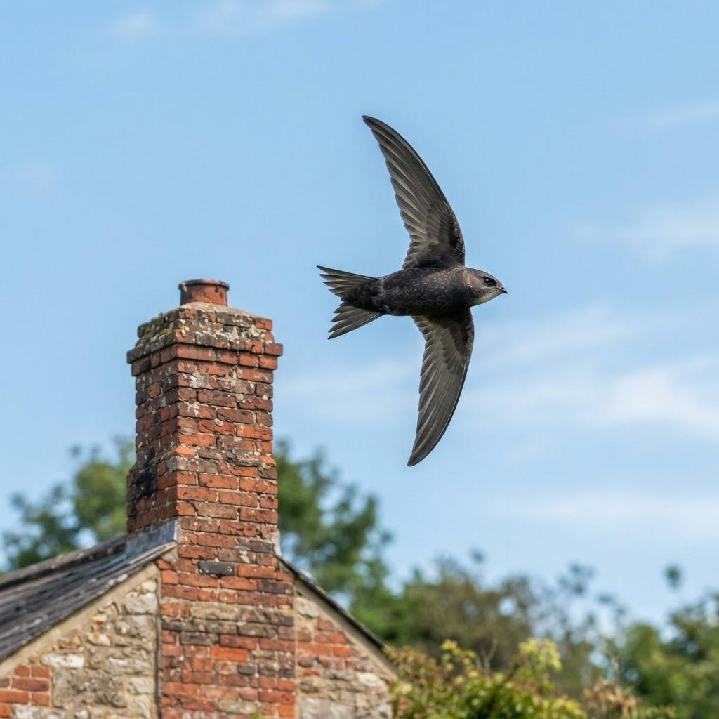 A Chimney Swift in flight near an old brick chimney