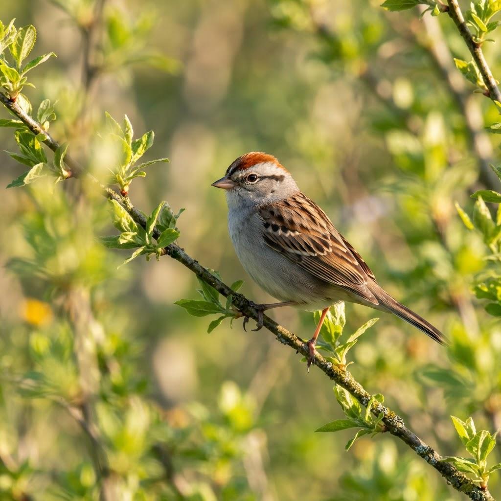 A Chipping Sparrow perched on a branch in spring greenery
