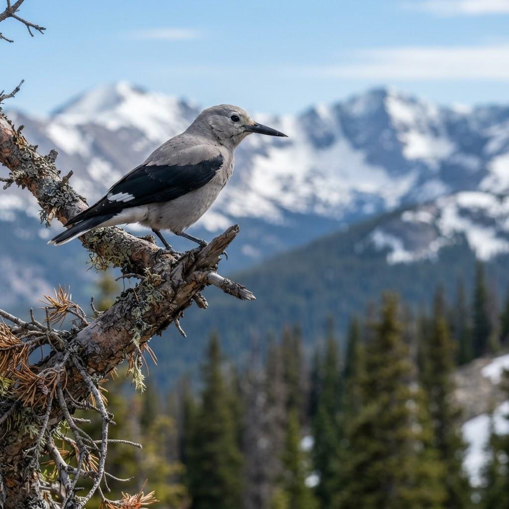 A Clark's Nutcracker perched on a pine branch in alpine forest
