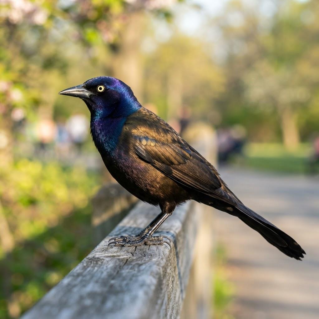 A Common Grackle with iridescent feathers perched on a railing