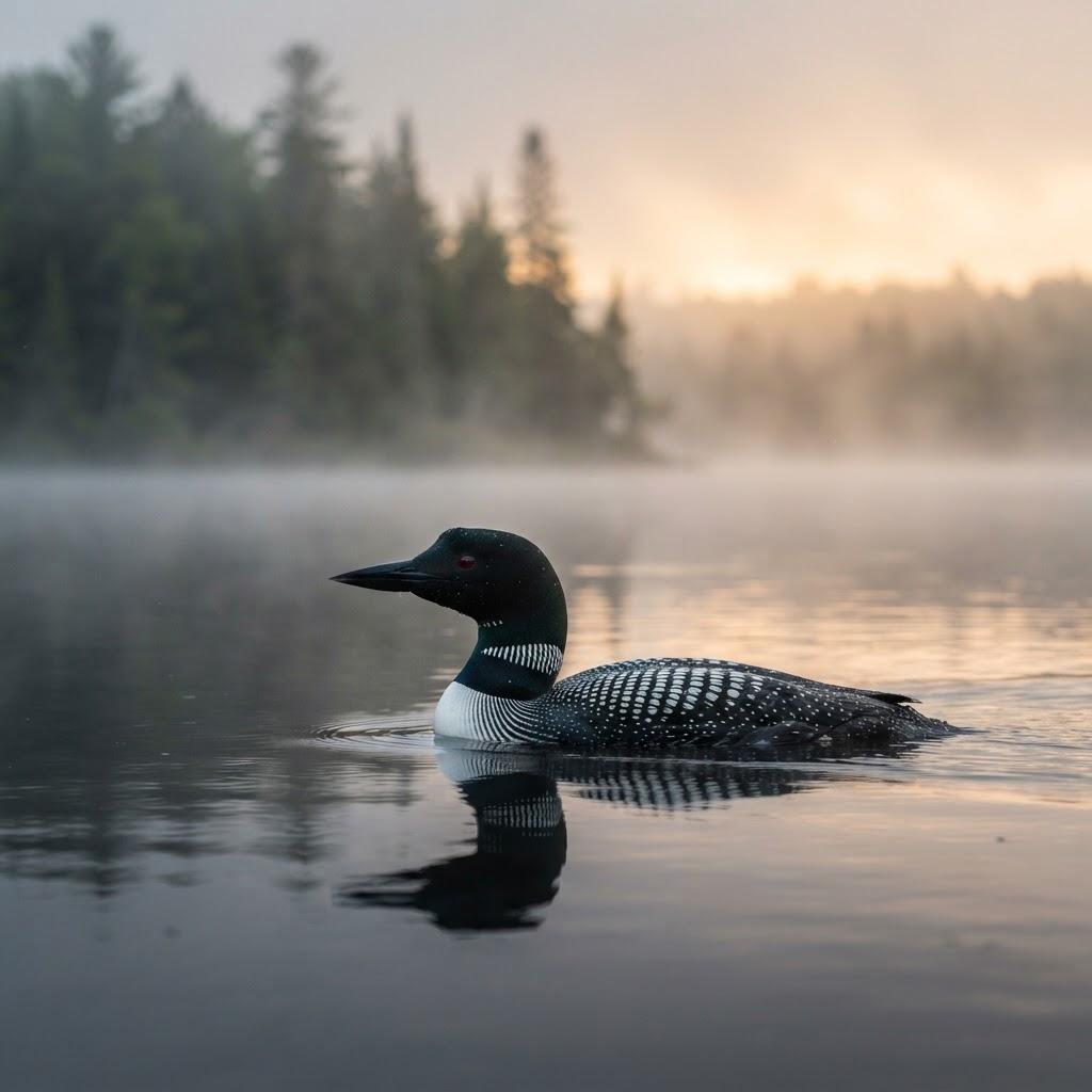 A Common Loon in breeding plumage on a misty northern lake