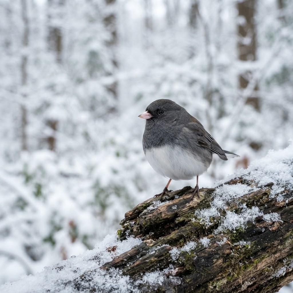 A Dark-eyed Junco perched on a snow-dusted log