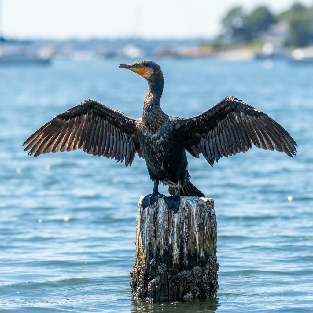A Double-crested Cormorant with wings spread on a piling