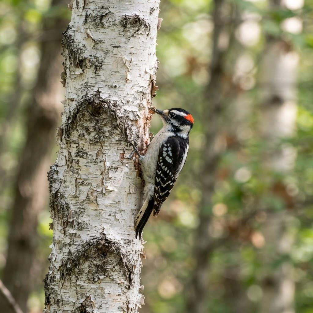 A male Downy Woodpecker clinging to a birch tree trunk