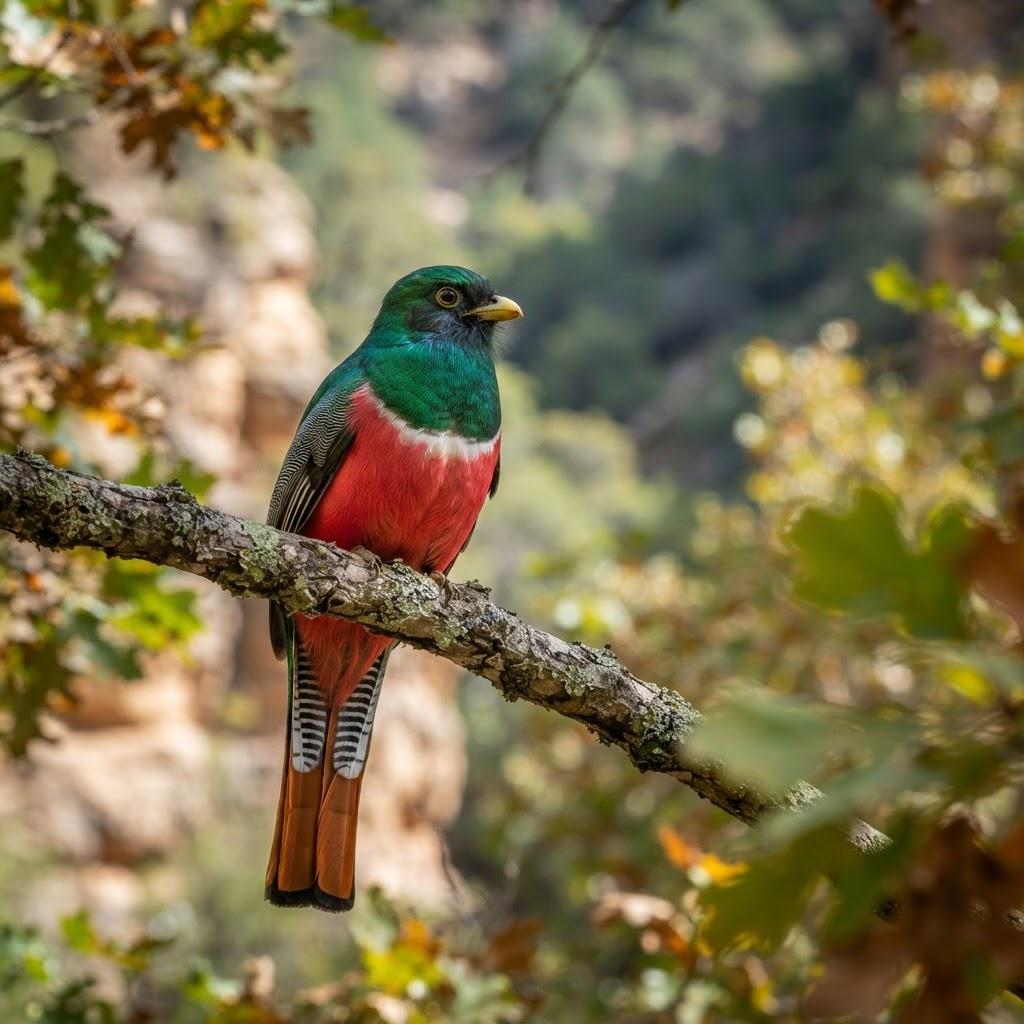 A male Elegant Trogon perched on a sycamore branch in an Arizona canyon