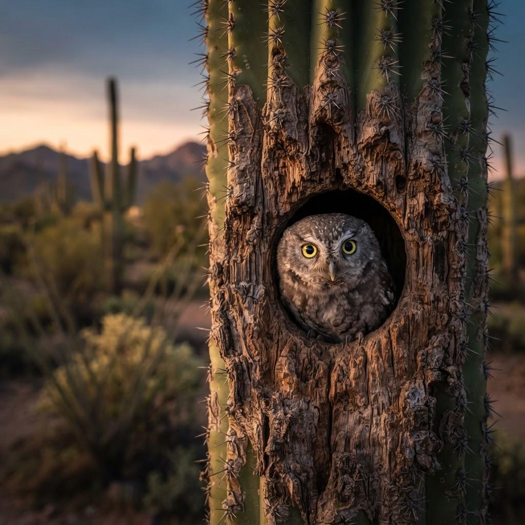 An Elf Owl peeking out from a saguaro cactus cavity at dusk in the Sonoran Desert