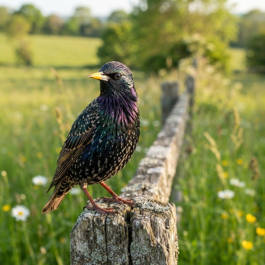 A European Starling in glossy breeding plumage on a fencepost