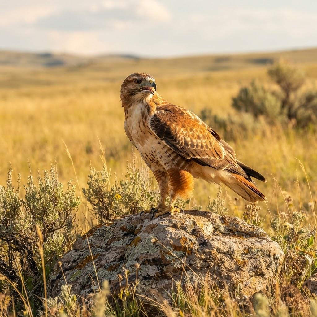 A Ferruginous Hawk perched on a boulder in a golden grassland