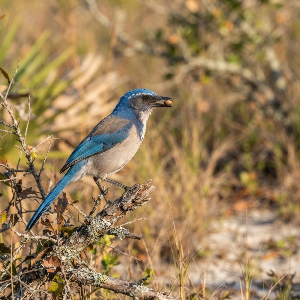 A Florida Scrub-Jay perched on a low oak branch in a scrub habitat