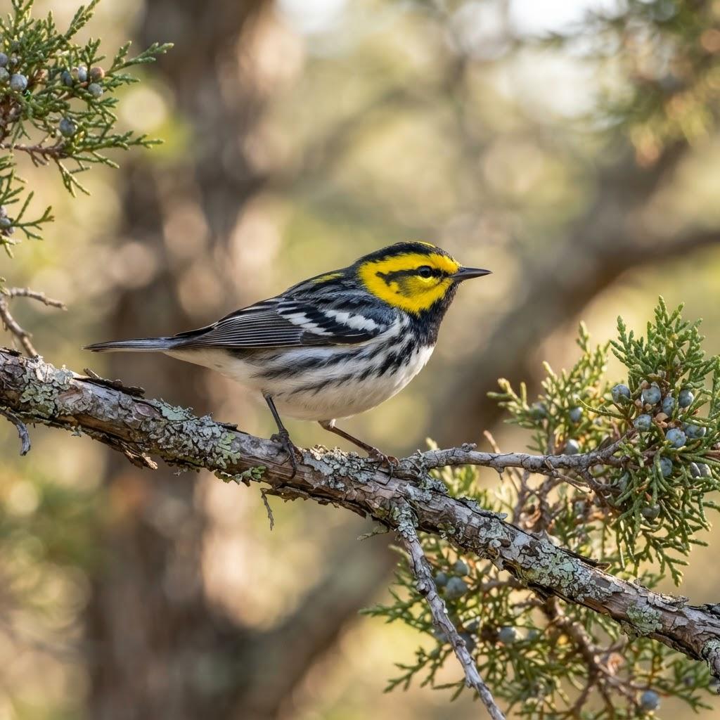 A Golden-cheeked Warbler perched on a juniper branch in Texas hill country
