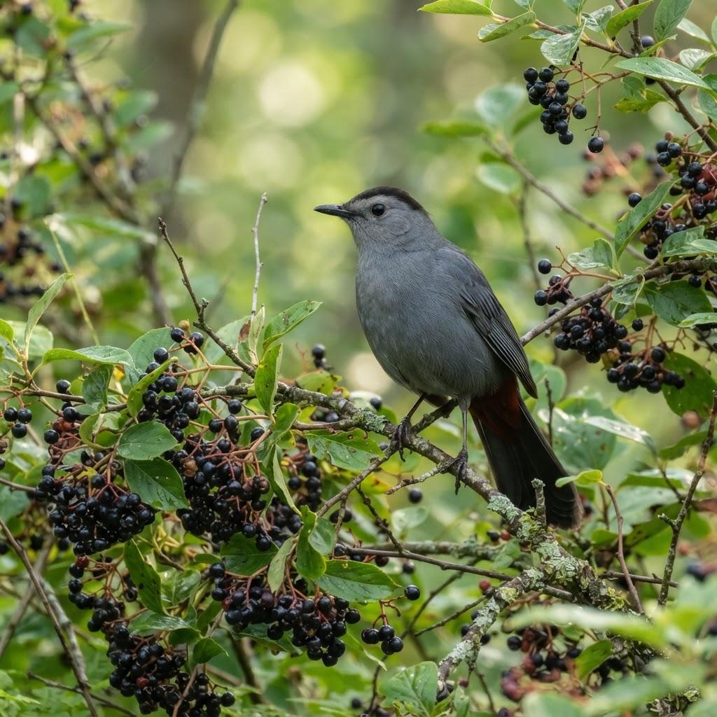 A Gray Catbird perched on a berry-laden branch