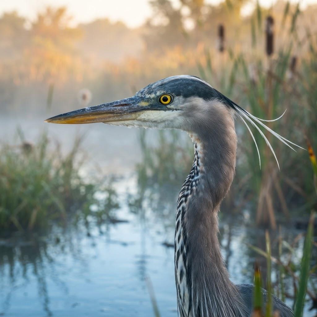 Great Blue Heron in a misty wetland at dawn
