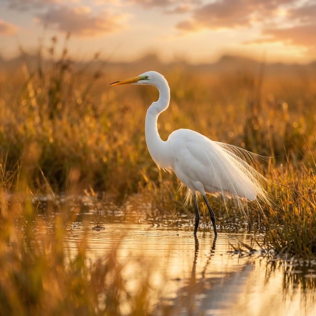 A Great Egret in white plumes standing in a golden marsh