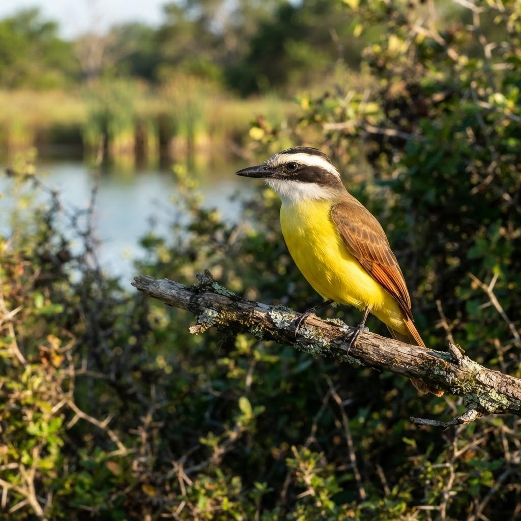 A Great Kiskadee perched on a branch near a pond in Texas thorn scrub