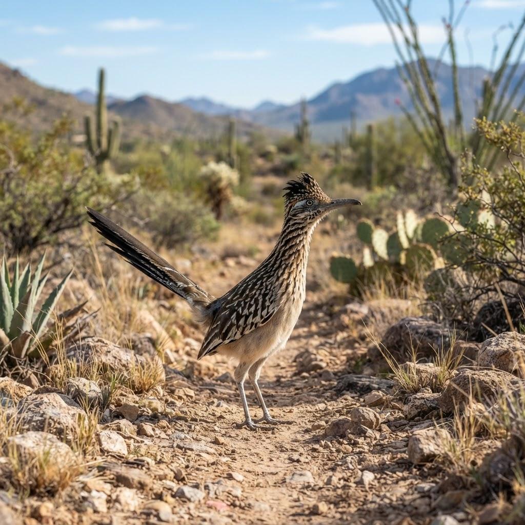 A Greater Roadrunner standing on a dusty desert trail