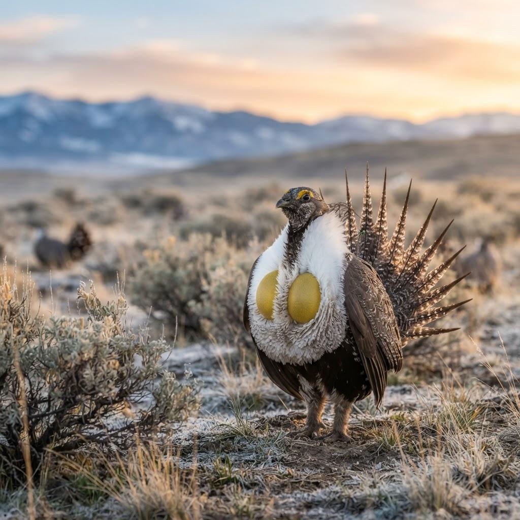 A male Gunnison Sage-Grouse displaying in a sagebrush flat at dawn in Colorado