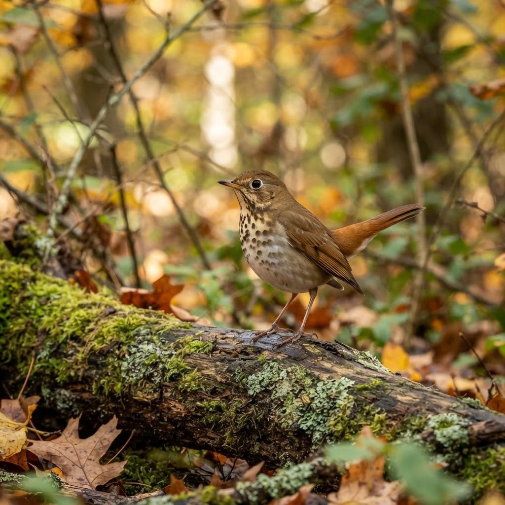 A Hermit Thrush on a mossy log in a dappled forest